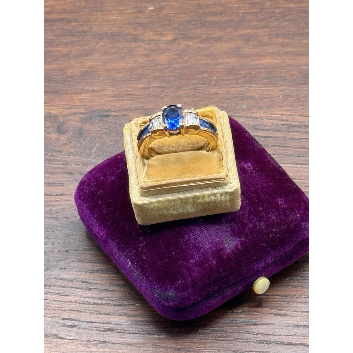 Goldplated Ring Blue Rhinestone Oval Baguette Cocktail Statement Size 7.75
