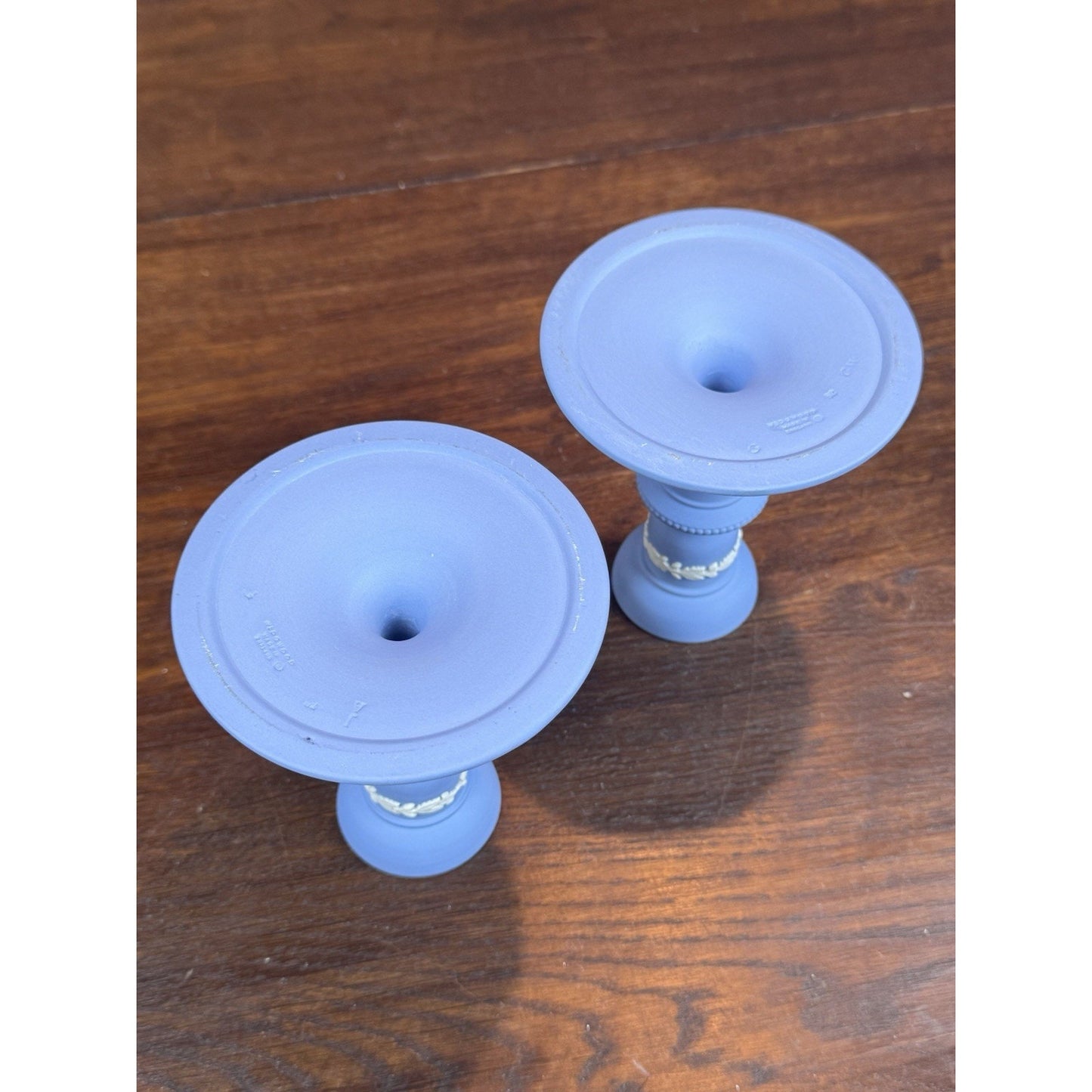 Wedgwood Blue Jasperware Candlestick Pair NEOCLASSICAL Figures 1982 4.75”