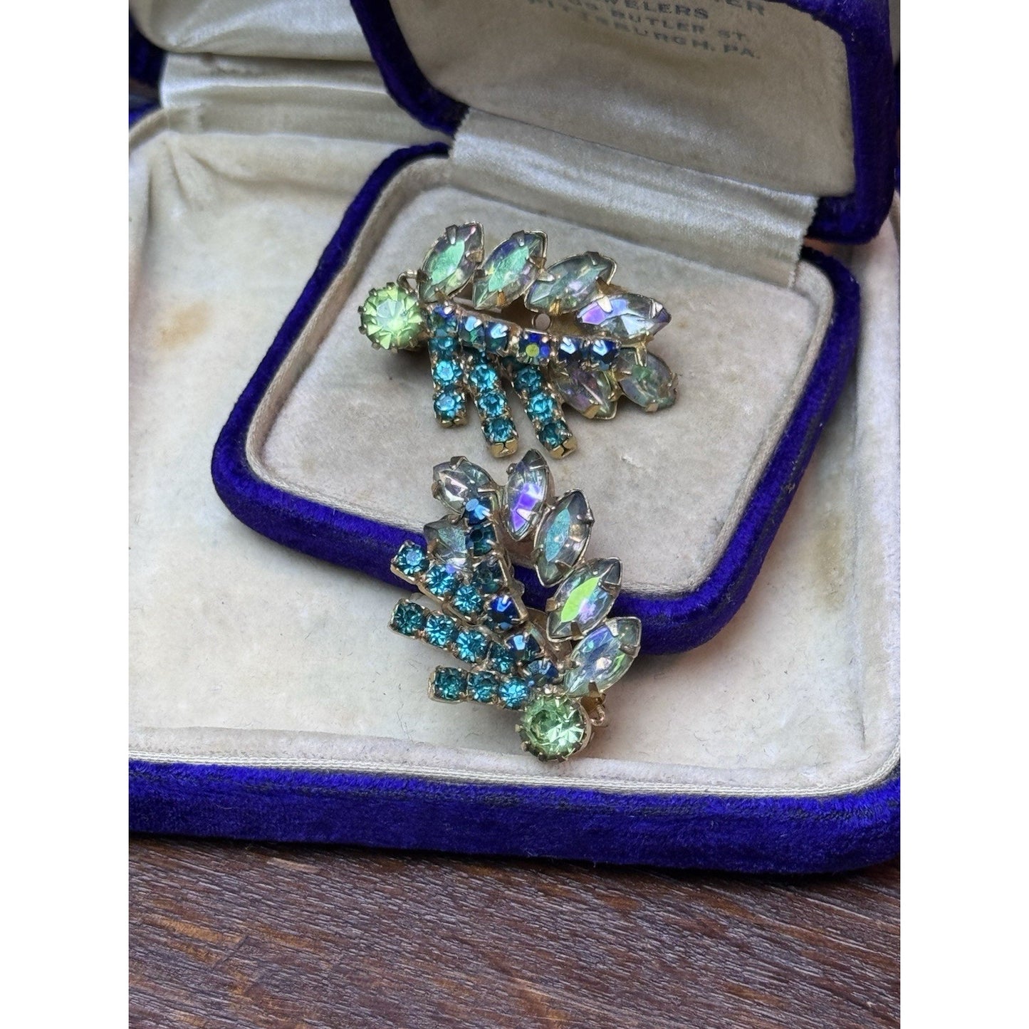 Vintage Earrings Aurora Borealis Blue Green Rhinestone Clip On Goldtone
