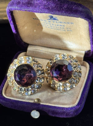 Blair Delmonico Clip On Earrings Purple Clear Rhinestone Round Vintage