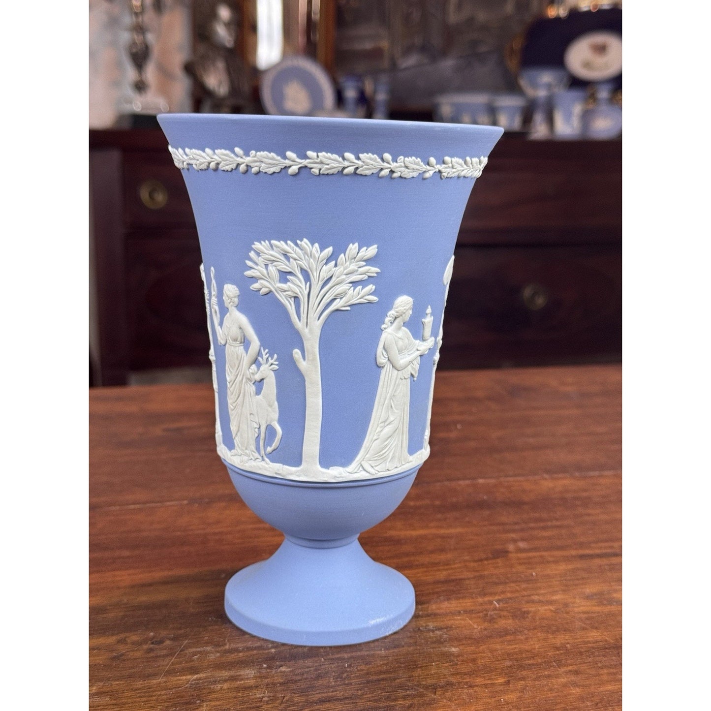 Vintage Wedgwood Jasperware Vase Blue White Classical Figures Pedestal 7.5”