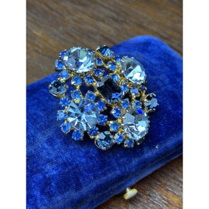 Vintage Blue Brooch Rhinestone Cluster Goldtone Sapphire Light Blue Pin 1.75”