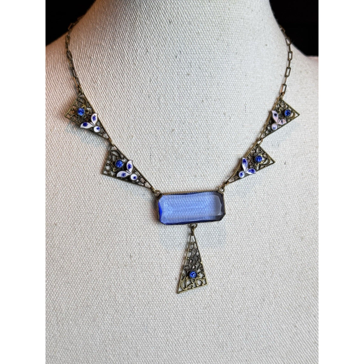 Antique Czech Necklace Blue Glass Enamel Brass Filigree Art Deco 15.5” L