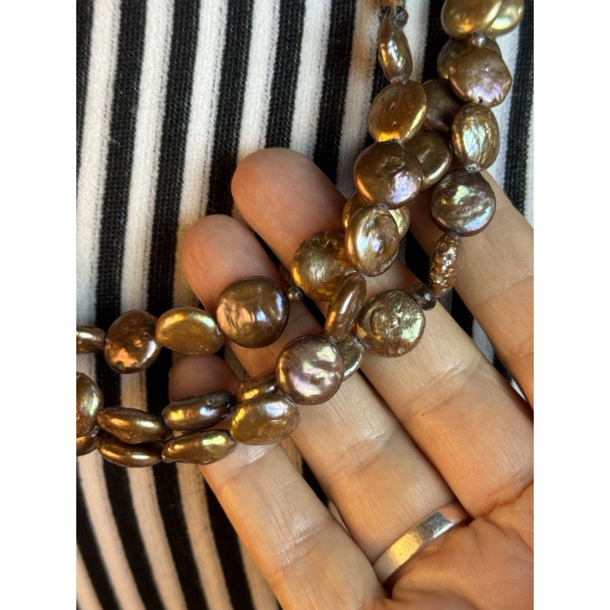 Silpada Bronze Coin Pearl Necklace 3 Strand Sterling Silver 11mm Extender 18”