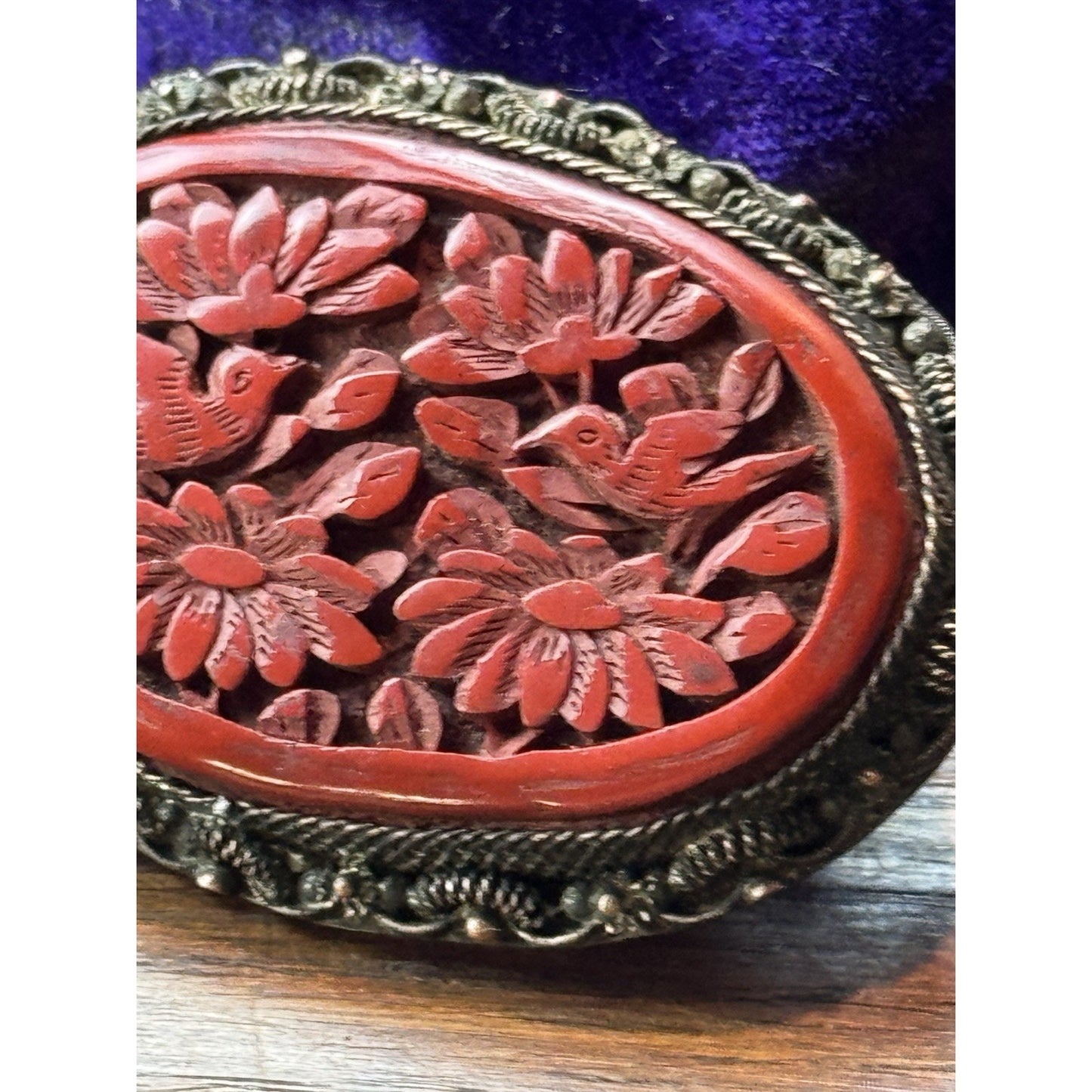 Vintage Cinnabar Brooch 2.25” Chinese EXPORT Carved Birds Flowers Silvertone
