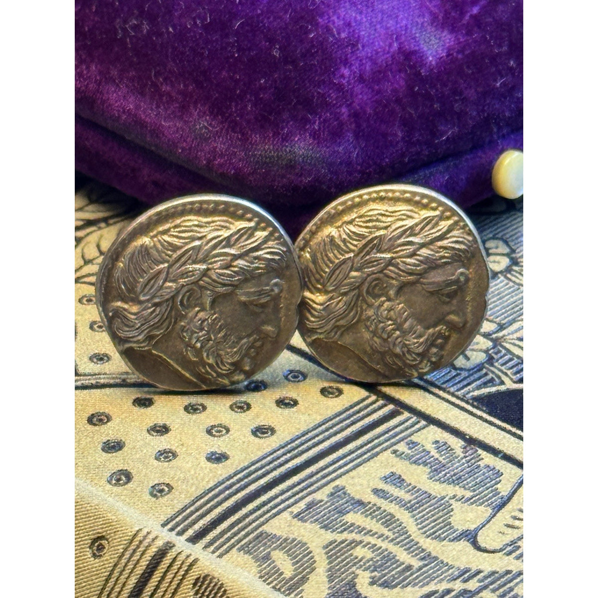 800 Silver Cufflinks Zeus Coin Gold Wash Greek Mythology Round Vintage .87” Pair