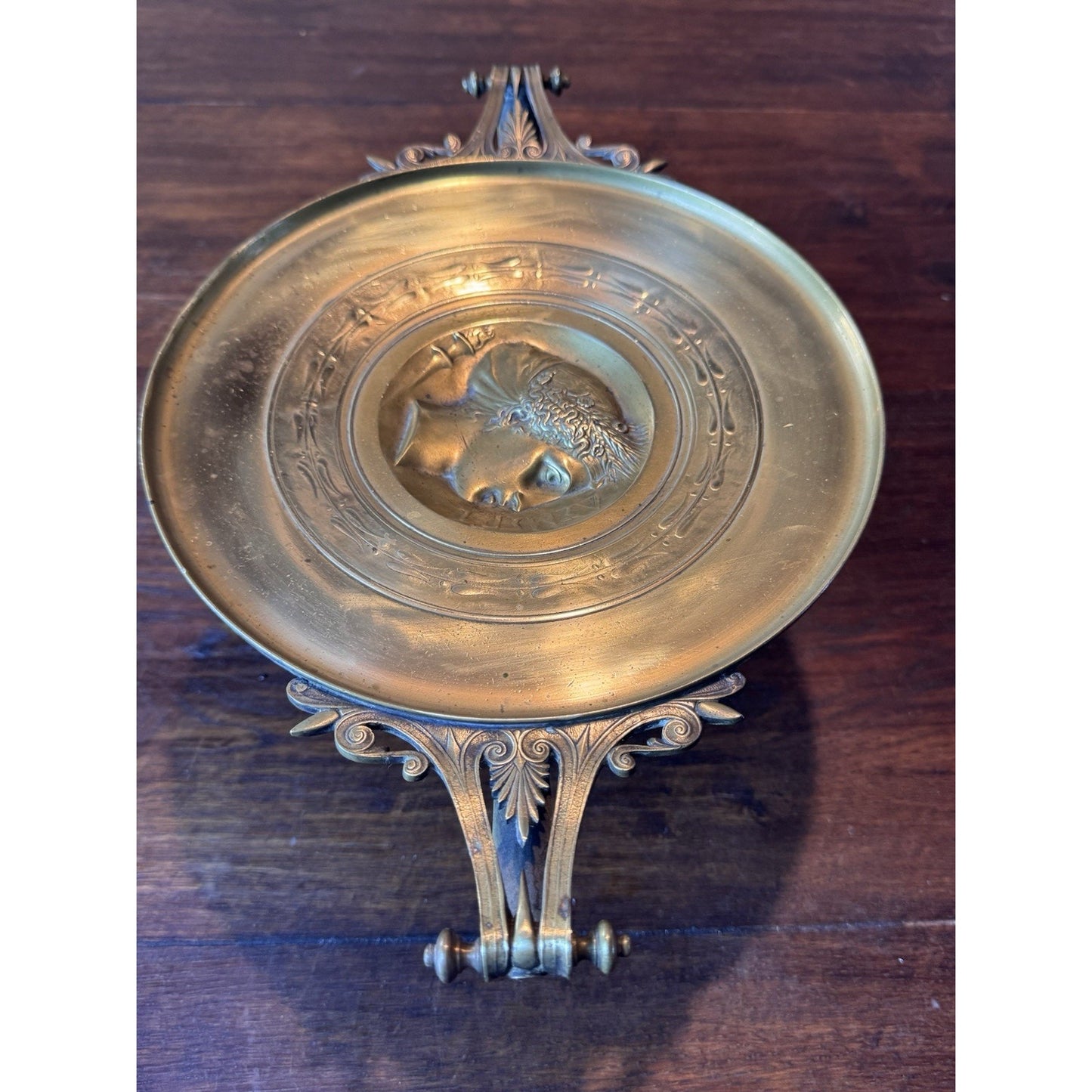 Antique Brass Tazza Compote Classical Medallion Pedestal Dish 14” Handles