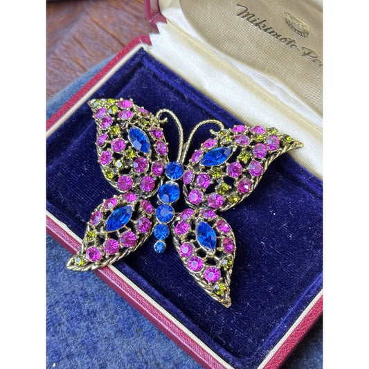 Vintage Butterfly Brooch Pink Blue Green Rhinestones Openwork Goldtone Large