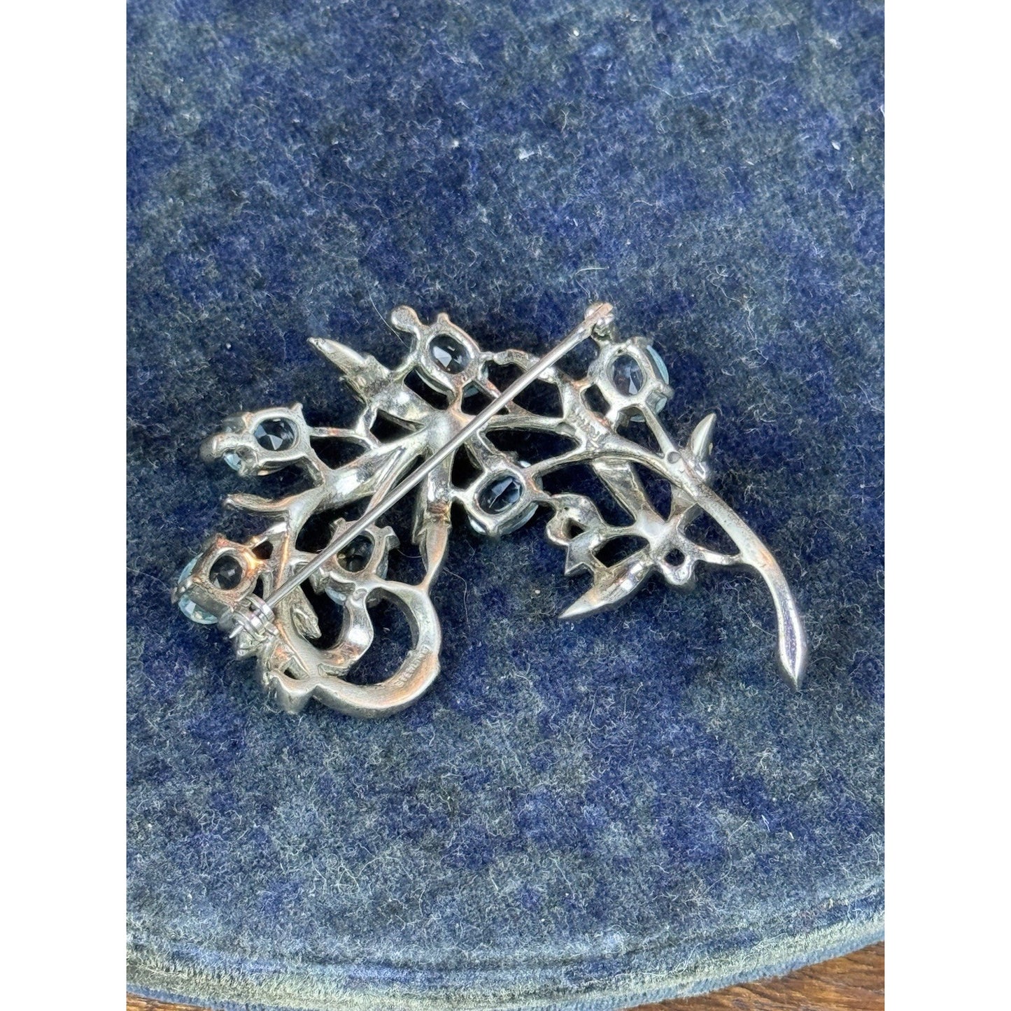Vintage Trifari Sterling Brooch Aqua Blue Clear Rhinestone Floral Spray 2”