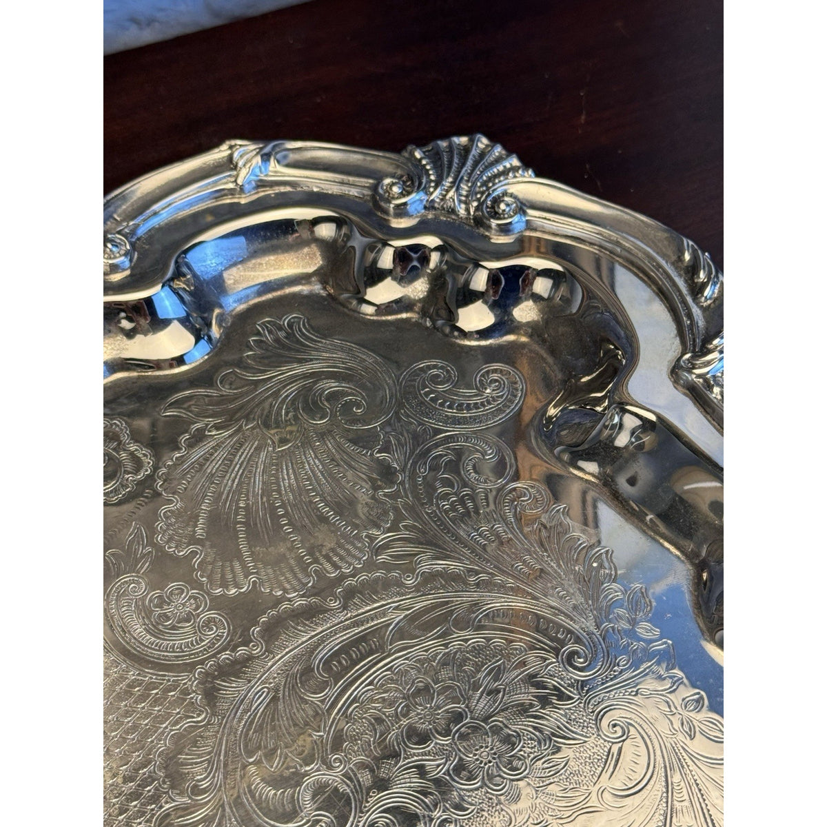 Silverplate Serving Tray Large Footed Serpentine Handled Shell Chased VINTAGE