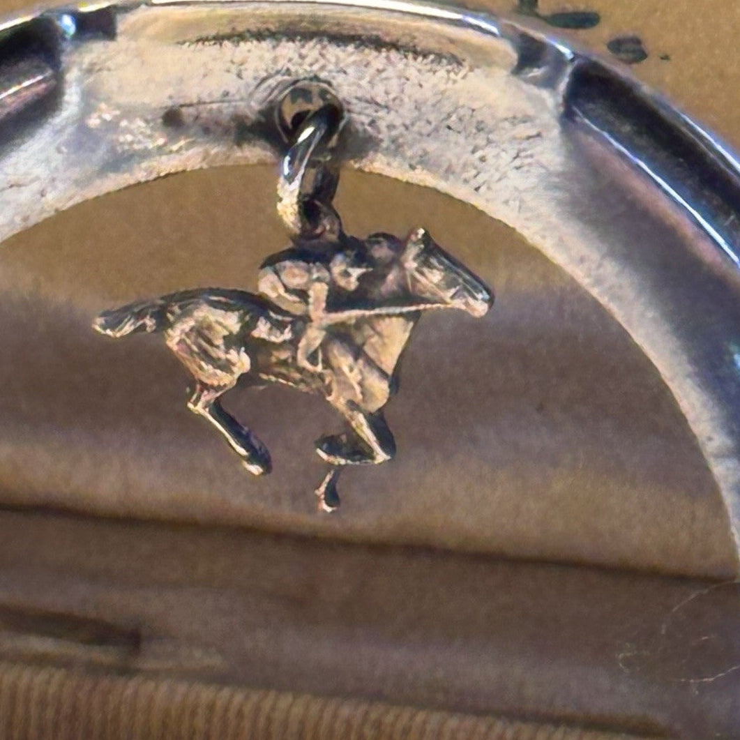 Sterling Brooch Horseshoe Horse Jockey Dangle Equestrian Racing Vintage 2”