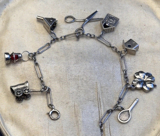 Sterling Silver Charm Bracelet 8 Charms Articulated Scissors & Cannon 6.75