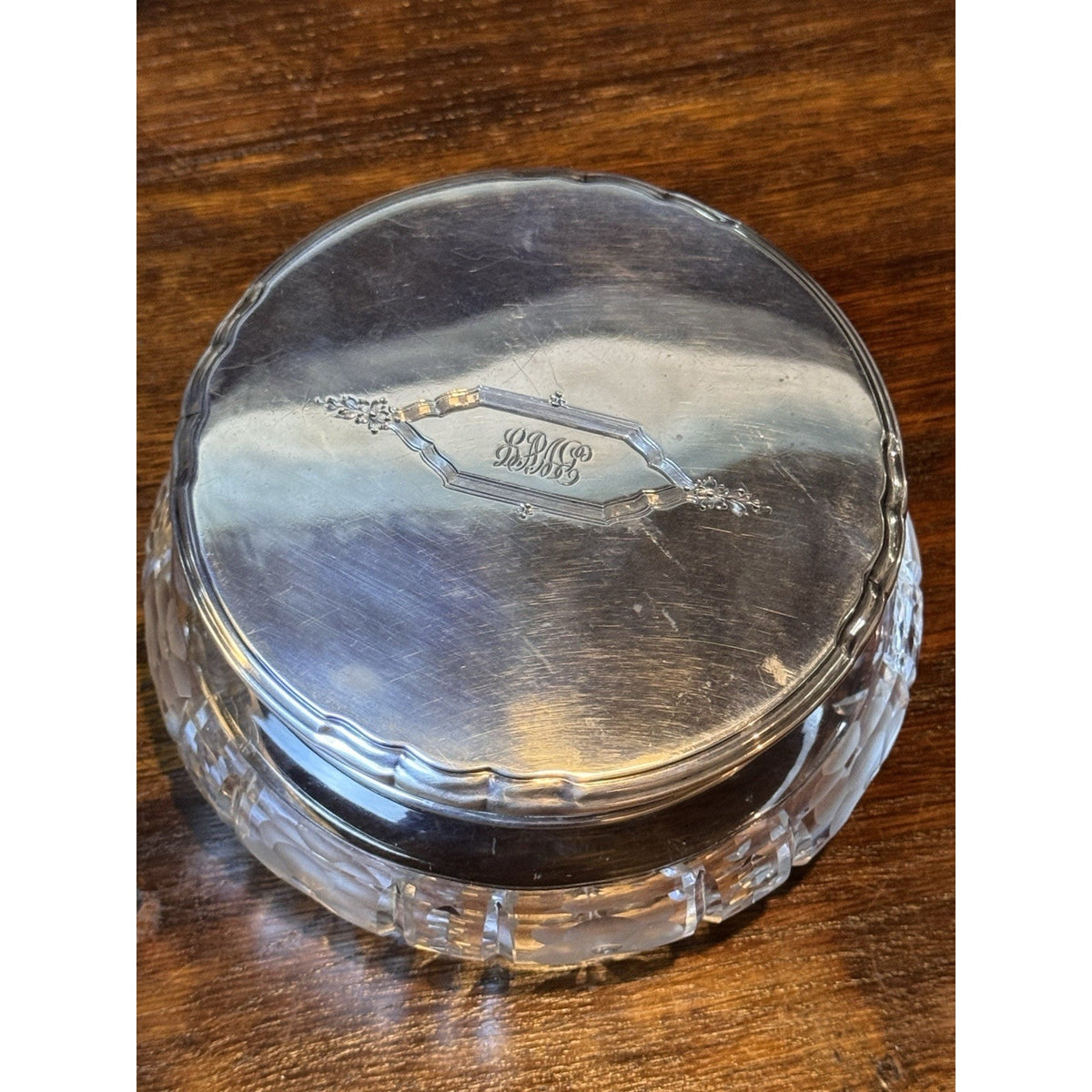 Art Deco Antique Crystal Jewelry Box Sterling Silver Lid Vanity 5.5”