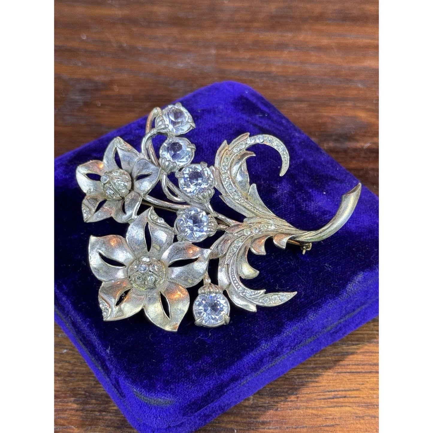 Vintage Brooch Silver-Goldtone Floral Clear Rhinestone Flower Spray Large 3”