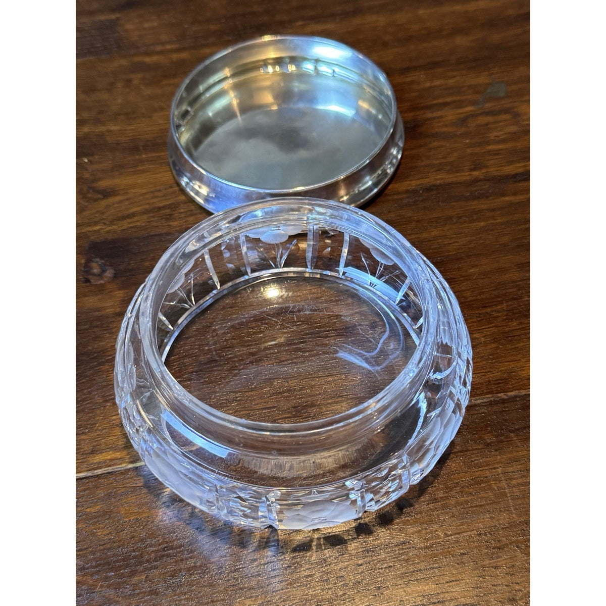 Art Deco Antique Crystal Jewelry Box Sterling Silver Lid Vanity 5.5”