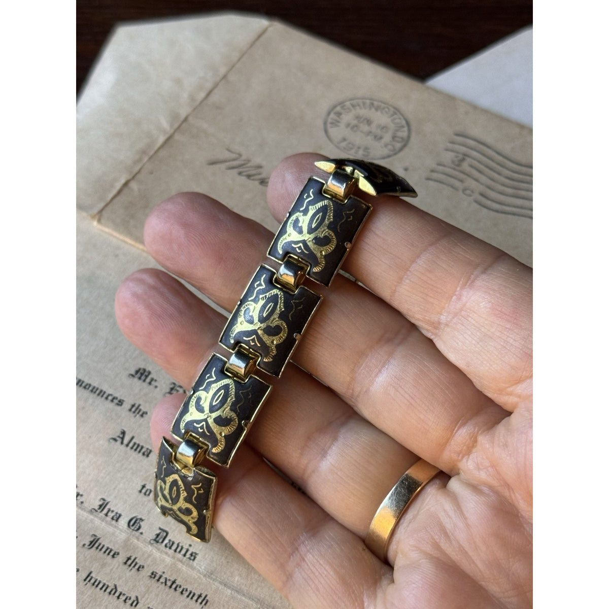Spanish Damascene Bracelet Black Goldtone Floral Panel Links 6.5”