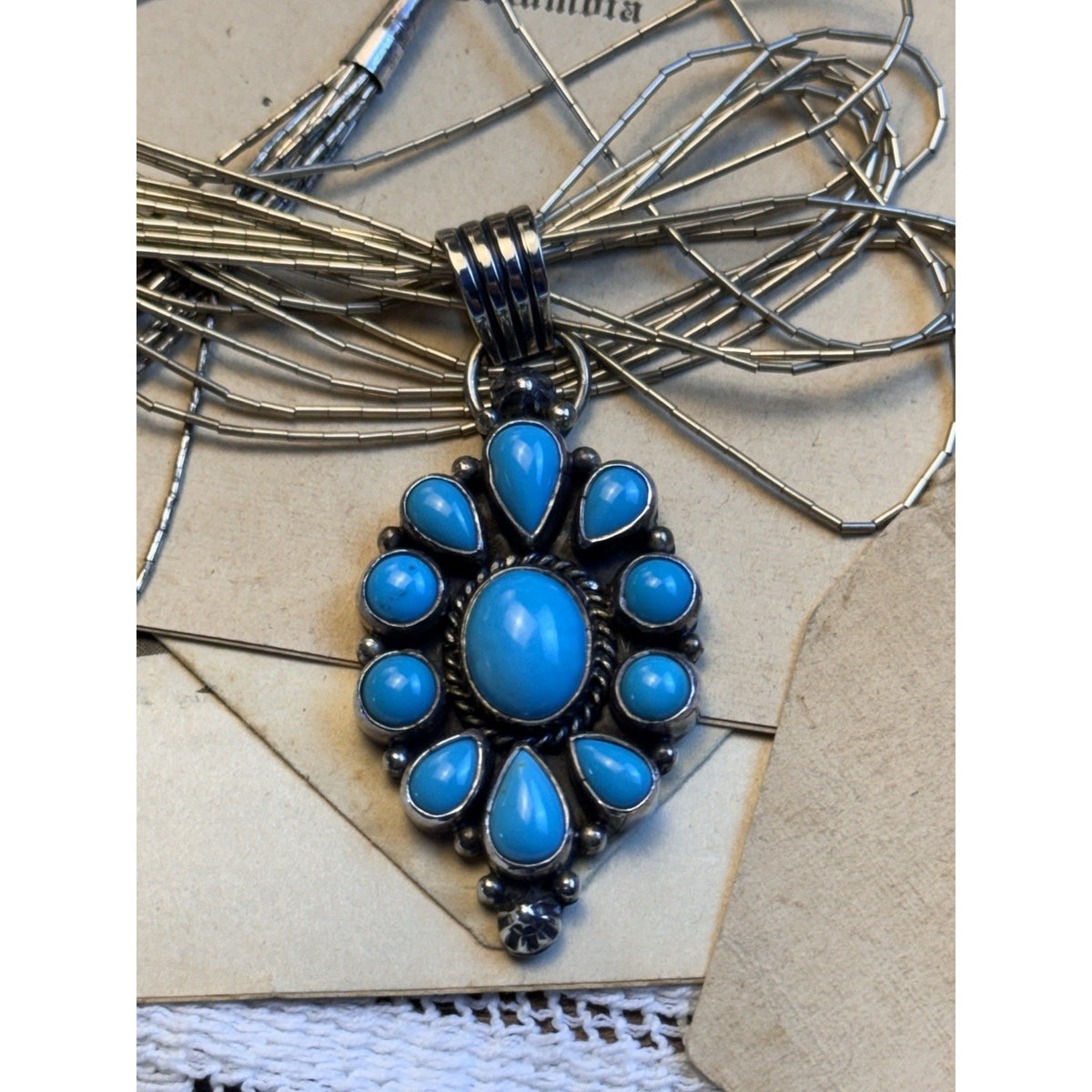 L GANADO Sterling NAVAJO Turquoise Pendant Signed Waterfall Necklace 17.5”