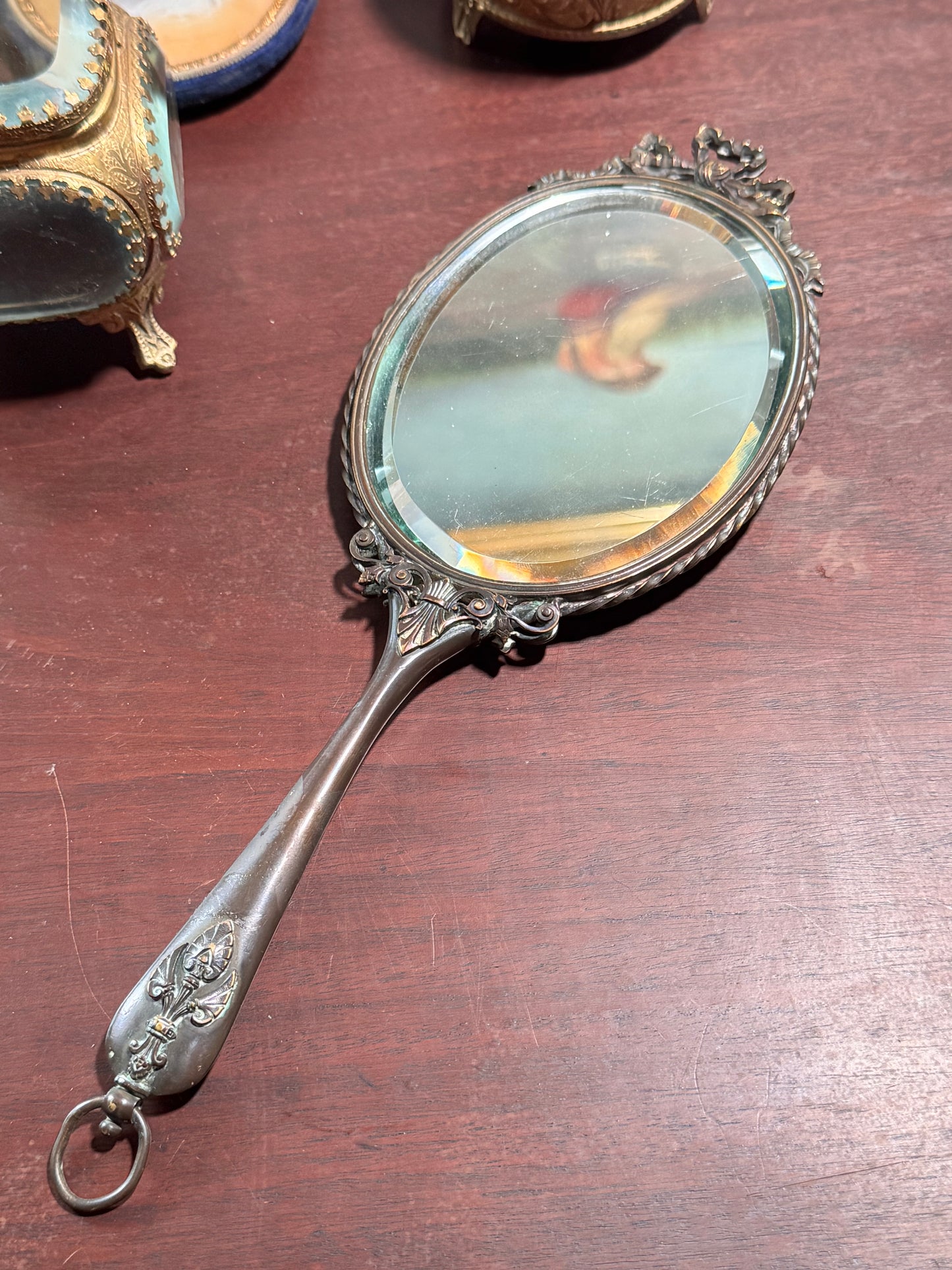Antique Hand Painted Portrait Hand Held Mirror showing Queen Louise Of Prussia 10.5” Hand Painted