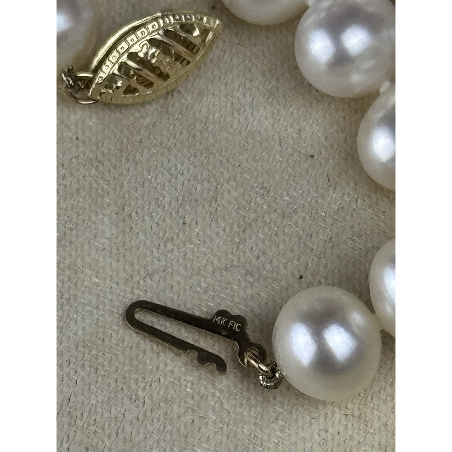 Cultured Pearl Necklace 23.5” Knotted 14K Gold Clasp 8mm FIC Pearls VINTAGE