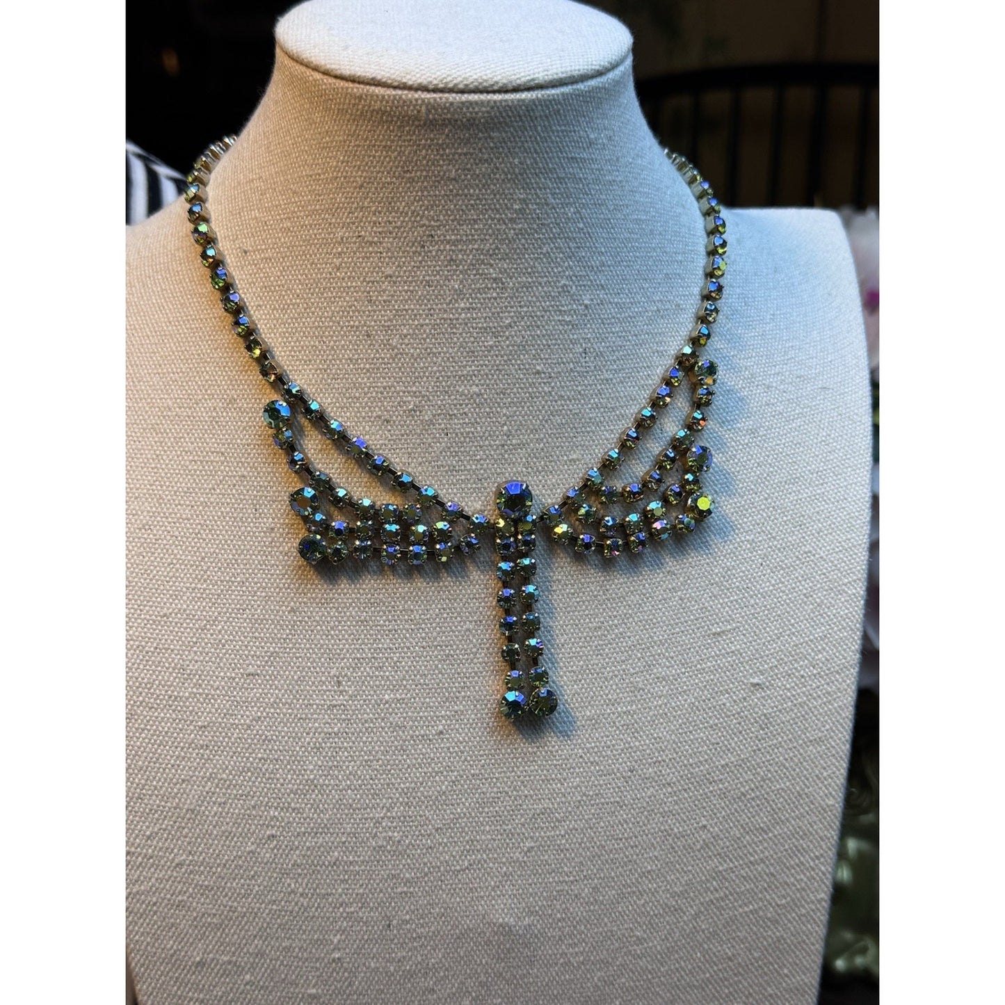 Vintage Butterfly Necklace Aurora Borealis Rhinestone Statement 15”