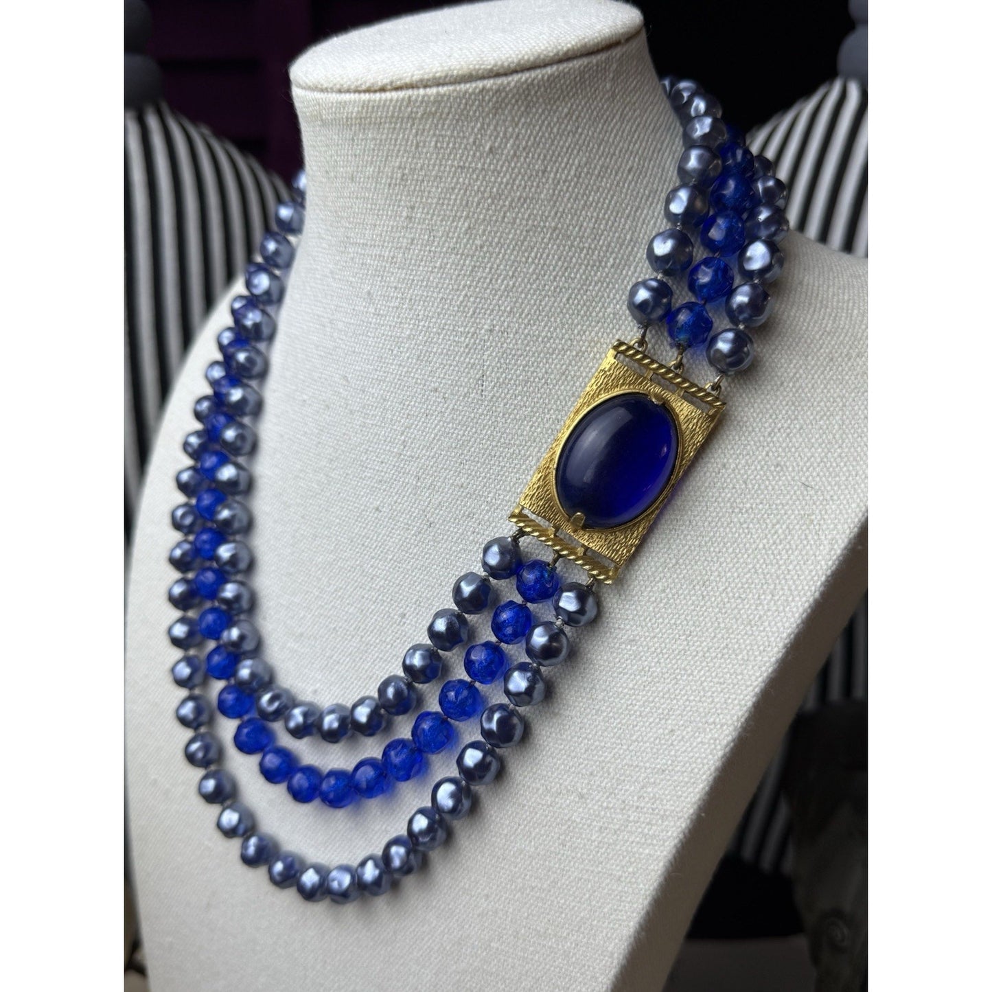 Vintage Blue Lucite Beaded Necklace Goldtone 3 Strand Statement 20”