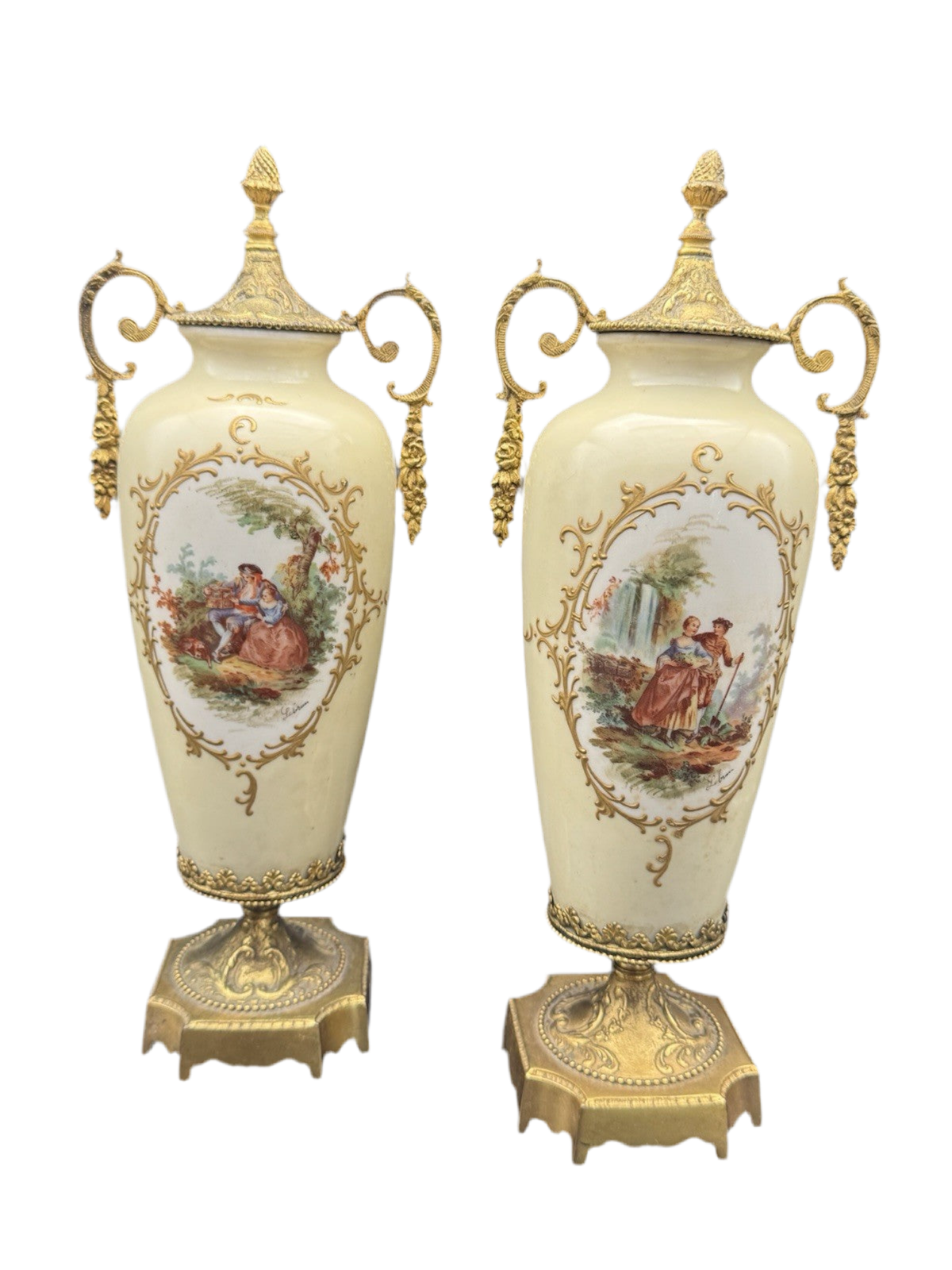 French Style Porcelain Gilt Ormolu Urns Signed Lebrun ESTATE FIND