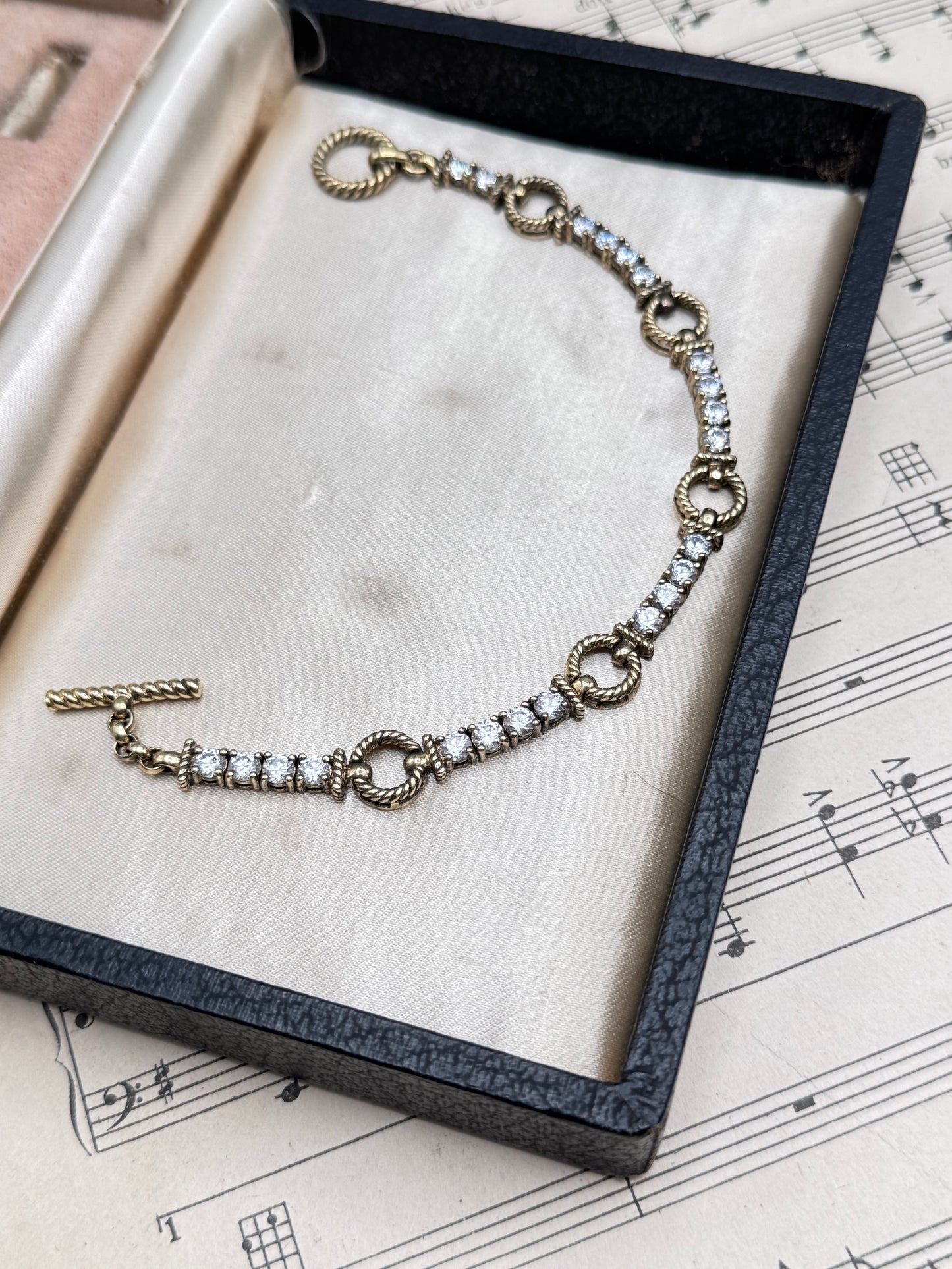 Sterling Silver CZ Toggle Bracelet Gold Plated Thailand Rope Link 7.5” Vintage