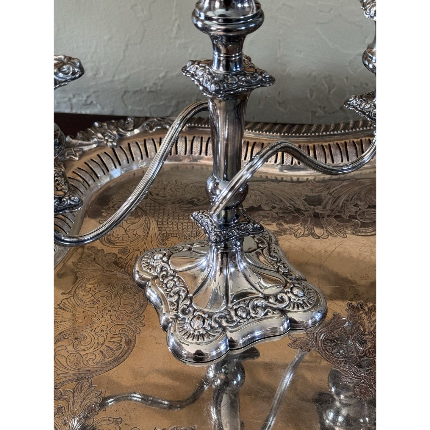 Antique Style Repousse Candelabra Pair Silverplate 3 Light W Snuffers 11”
