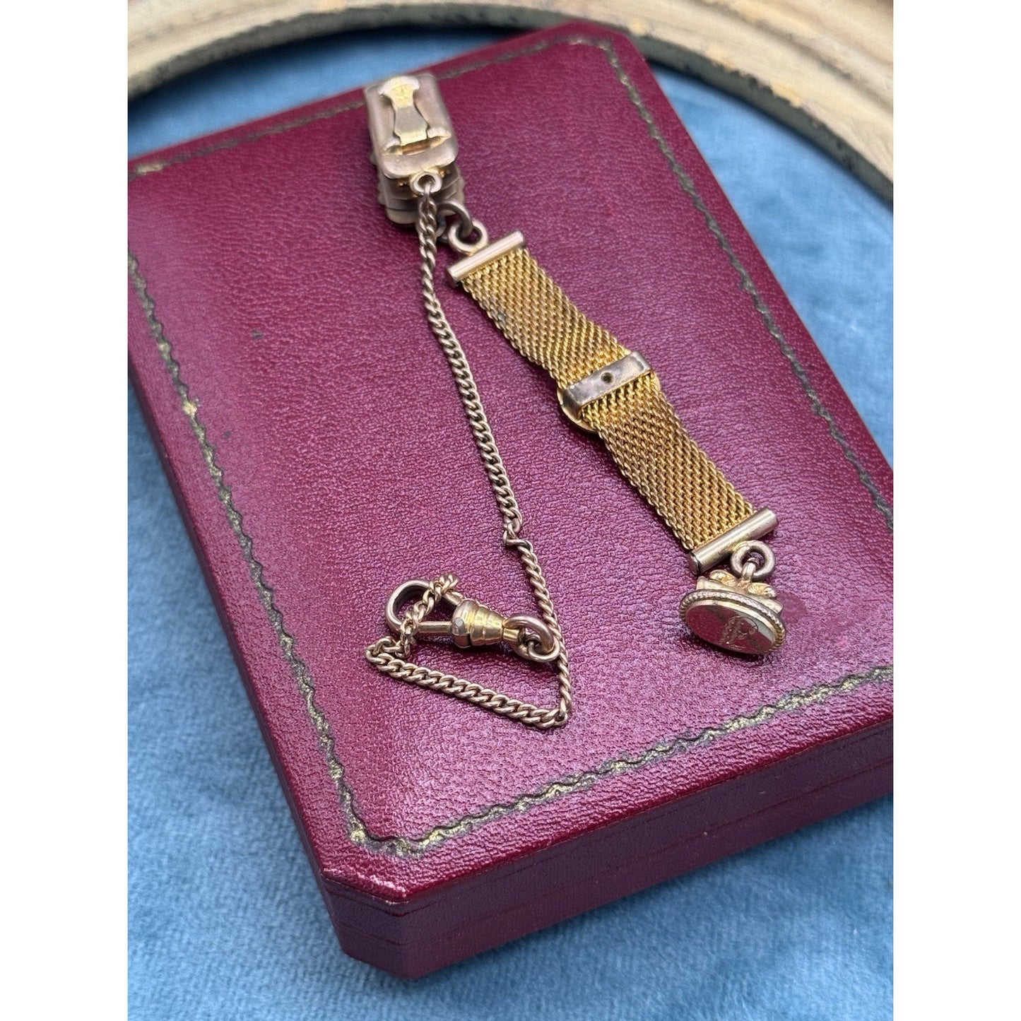Gold-Filled Watch Fob Strap Monogram Mesh Chain Dog Clip 5.5” HFB Vintage