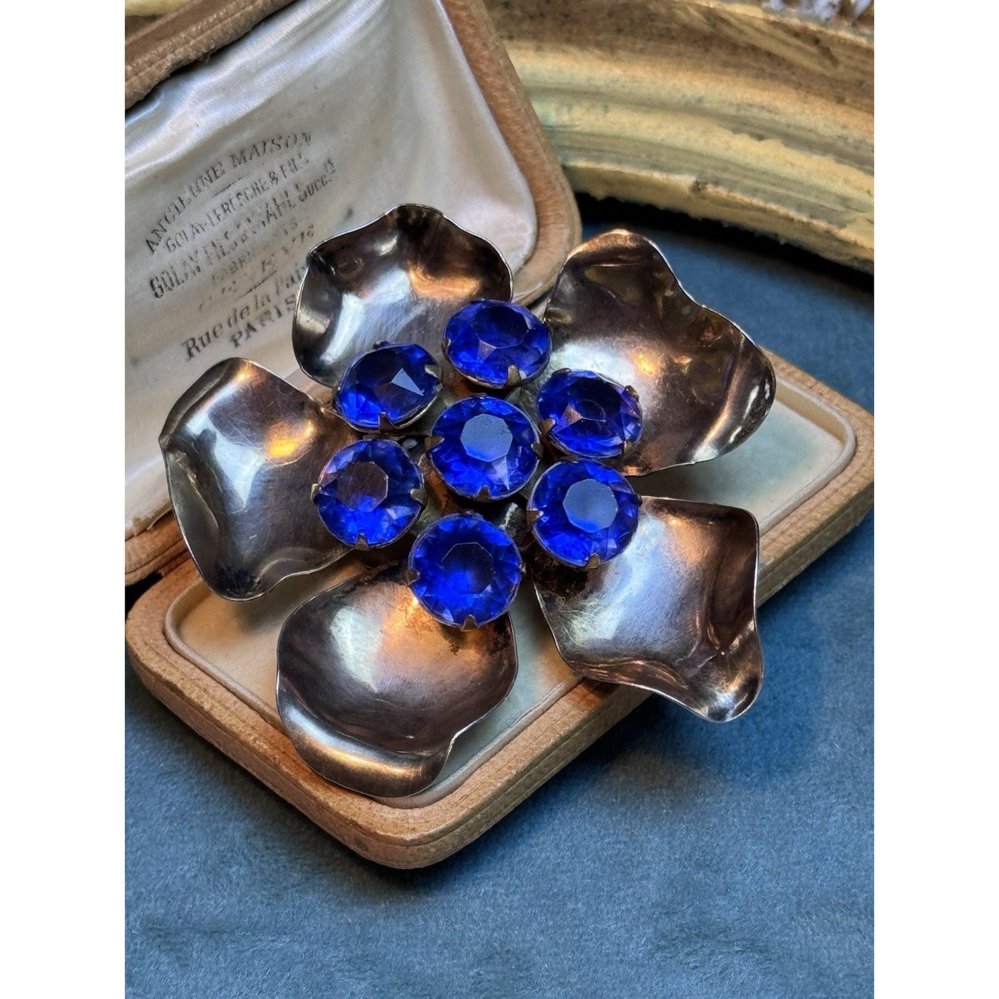 Vintage Sterling Vermeil Flower Brooch With Cobalt Blue Rhinestones