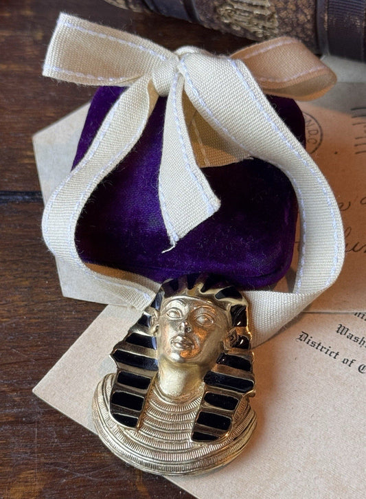 Pharaoh Tutankhamen Brooch Pendant E Pearl Egyptian Revival Black Enamel 2”