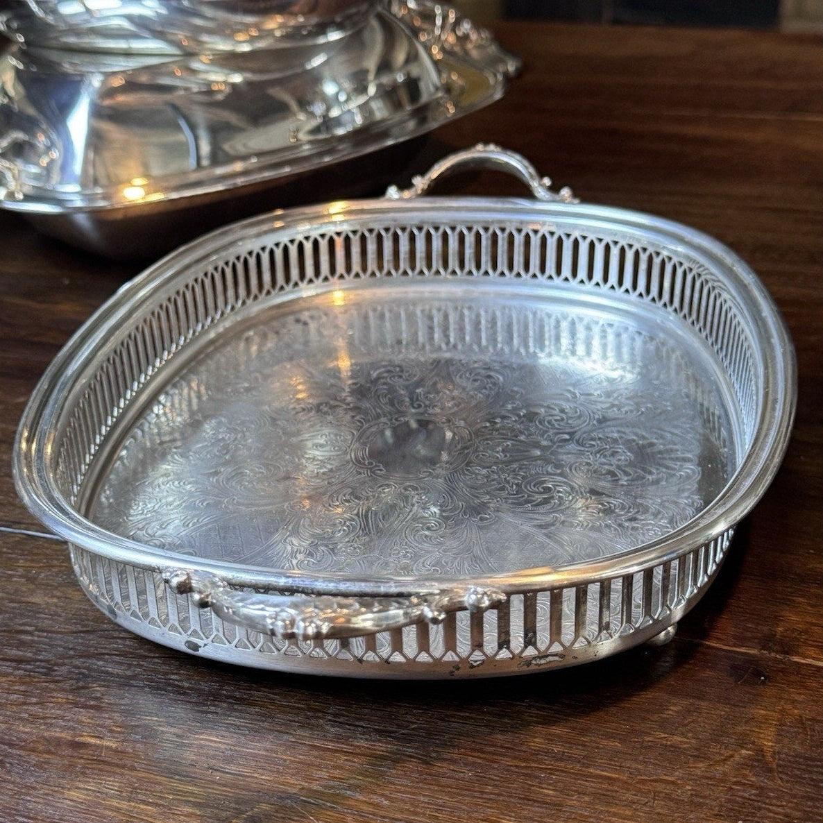 Silverplate Gallery Tray Footed Handled Wallace Ornate Serving Vanity 14”