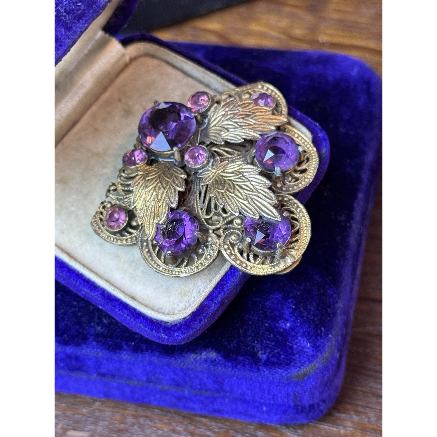 Antique Dress Clip Czech Style Purple Paste Goldtone Filigree Leaf Jewelry 1.75”