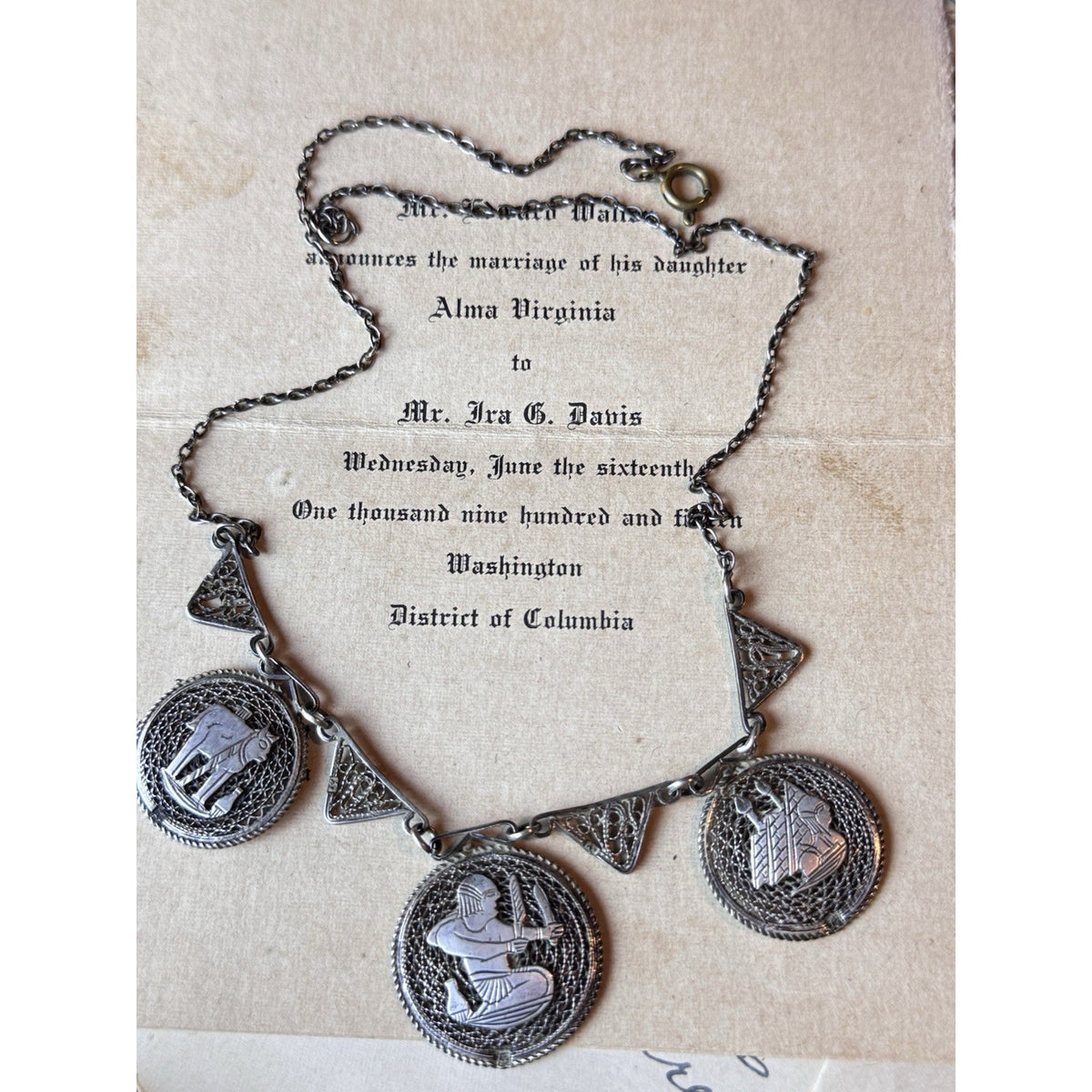 Egyptian Revival Necklace Pharaoh Pyramids Elephant Silvertone Filigree 18”
