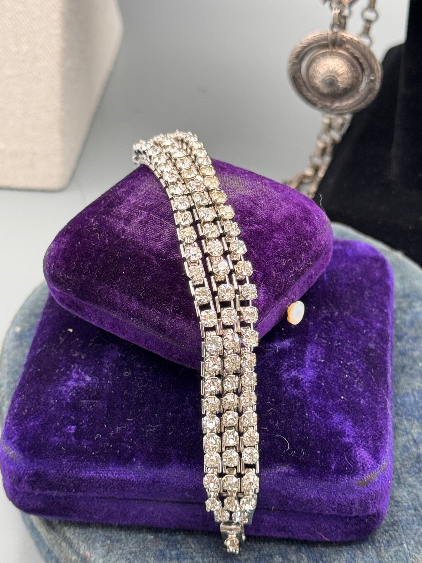 Vintage Articulated Rhinestone Bracelet 3 Row Clear Tennis 6.25”