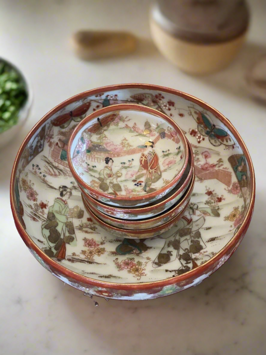 Geisha Nut Bowl Set Hand Painted Large Bowl With 4 Small VINTAGE