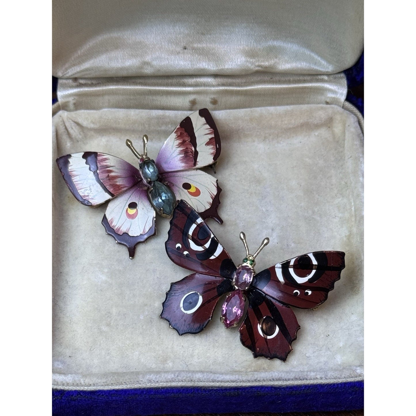 Vintage Butterfly Brooch Pair Hand Painted Enamel Rhinestone Moth Pins 1.75”