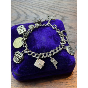 Sterling Silver Charm Bracelet 11 Charms Mechanical Typewriter 1960s 6.75”