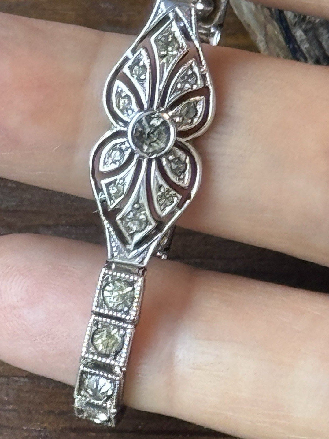 Antique Art Deco Sterling Rhinestone Tennis Bracelet Pat. 9.15.25 6.75”