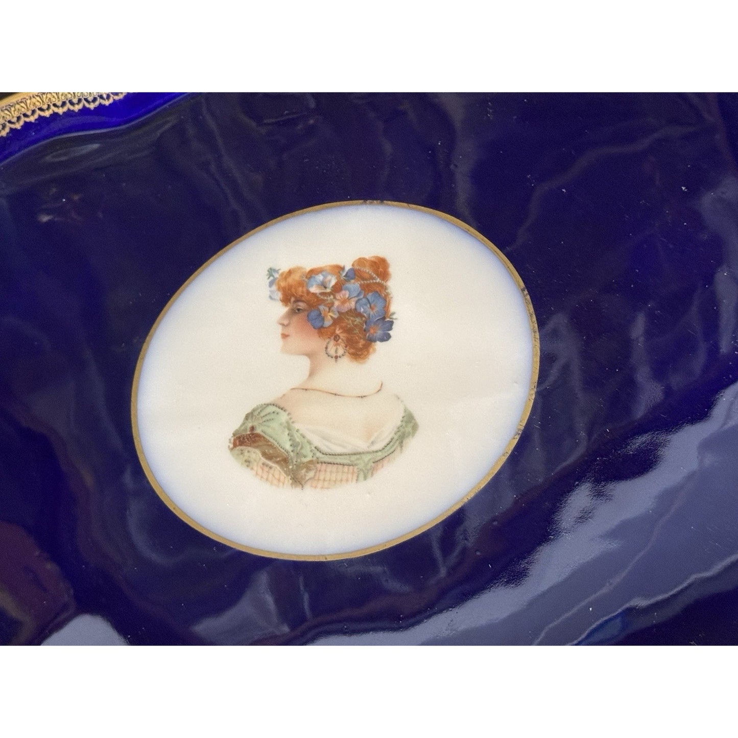 Limoges France Vanity Tray Guerin Cobalt Blue Gold Portrait Porcelain 17.75”