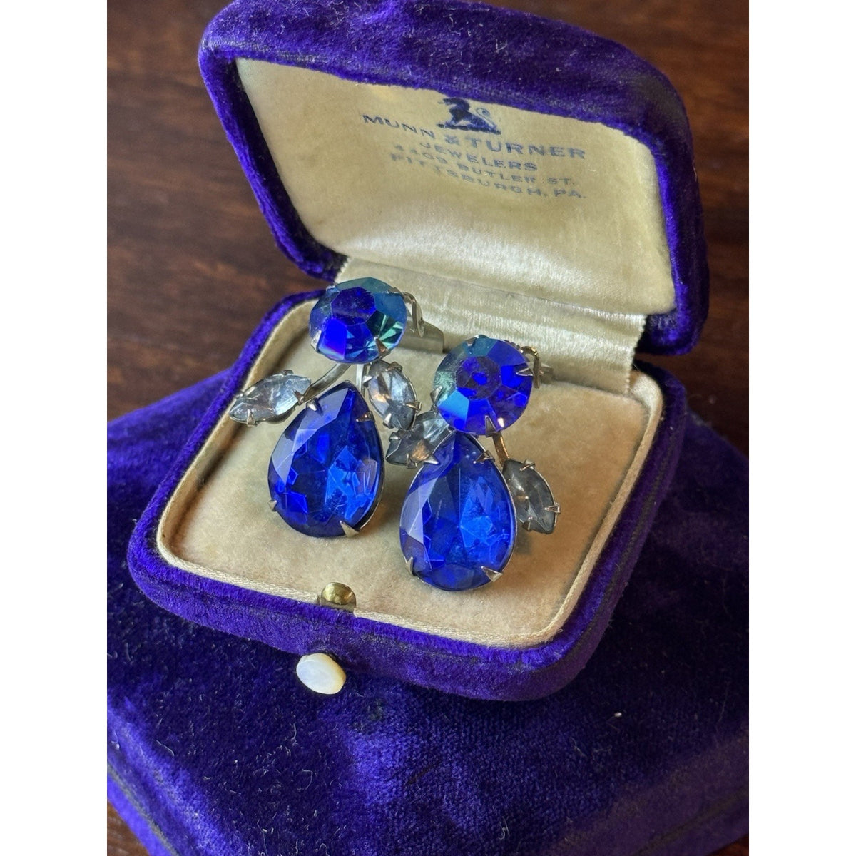 Silvertone Earrings Beau Jewels Blue Rhinestone AB Clip On Vintage 1.25” x .75”