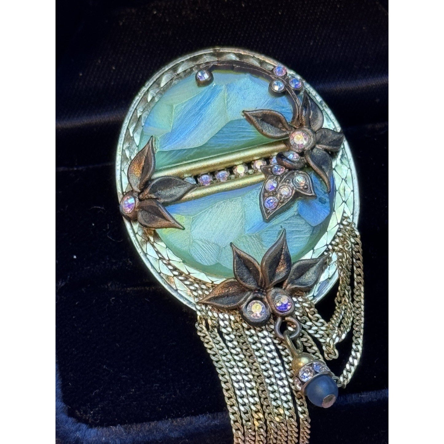 MARENA Germany Brooch Pendant Art Nouveau Revival Tassel Rhinestone Goldtone