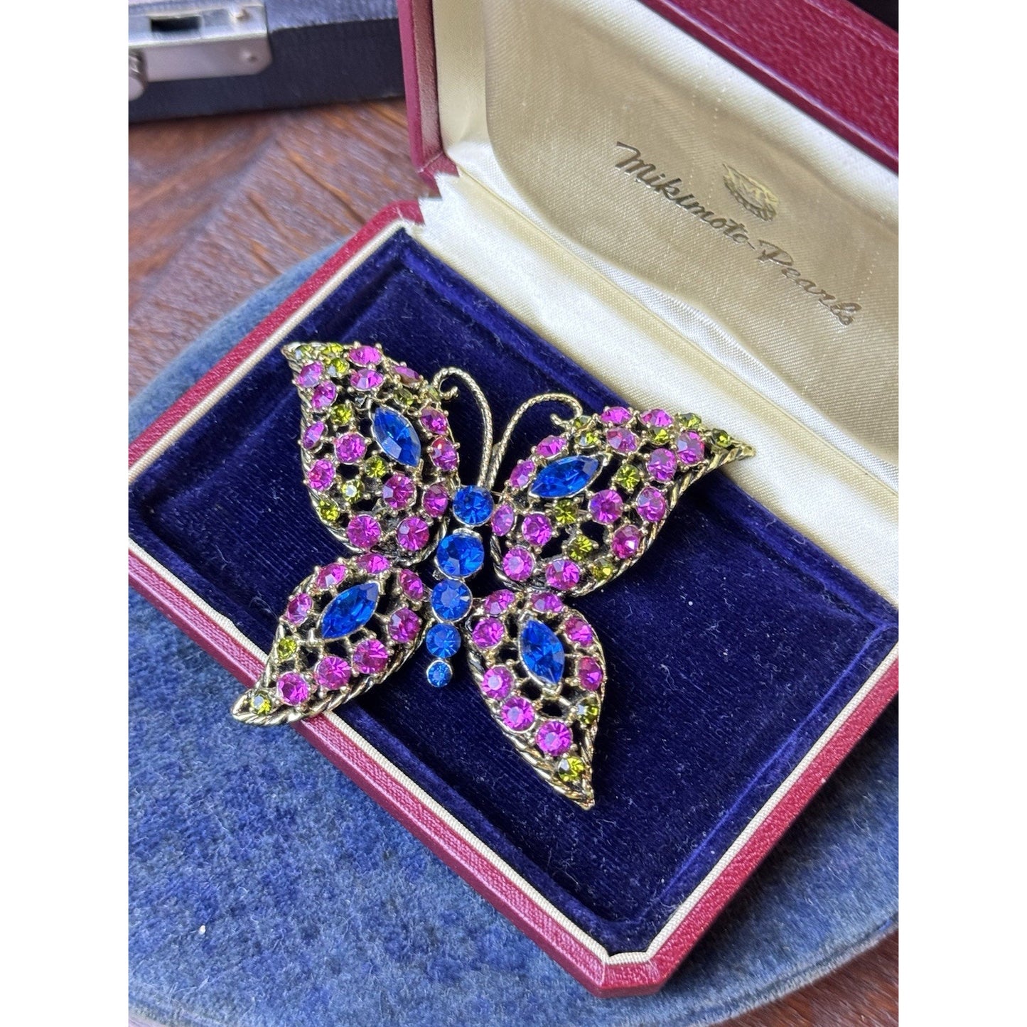 Vintage Butterfly Brooch Pink Blue Green Rhinestones Openwork Goldtone Large