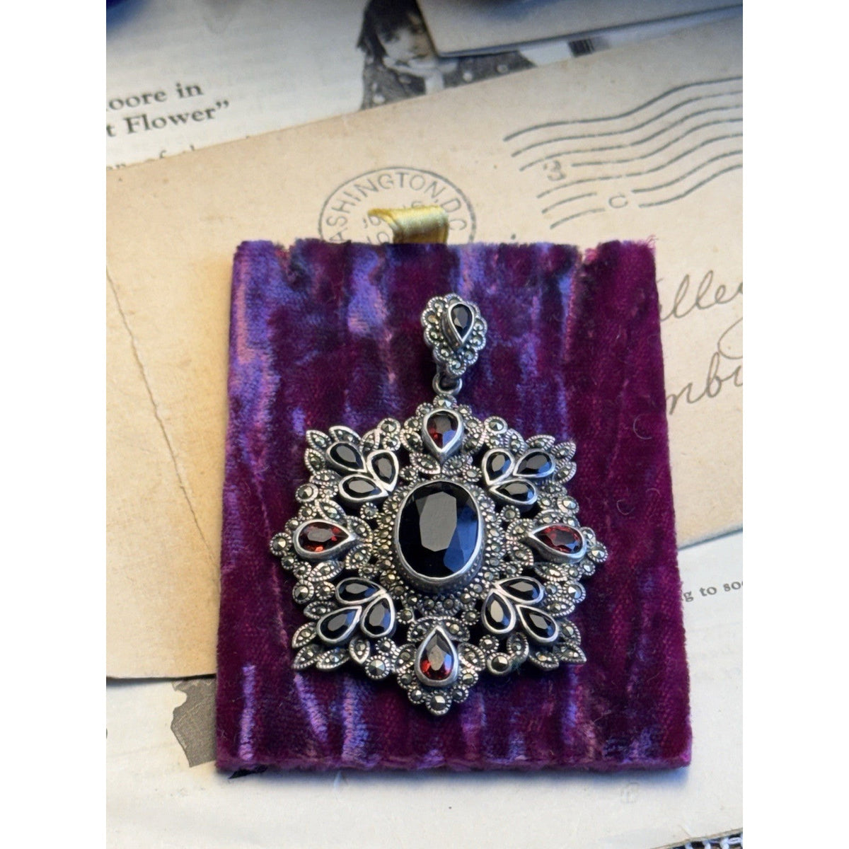 Sterling Silver Pendant Garnet Black Stones Marcasite Victorian Revival 2.25”
