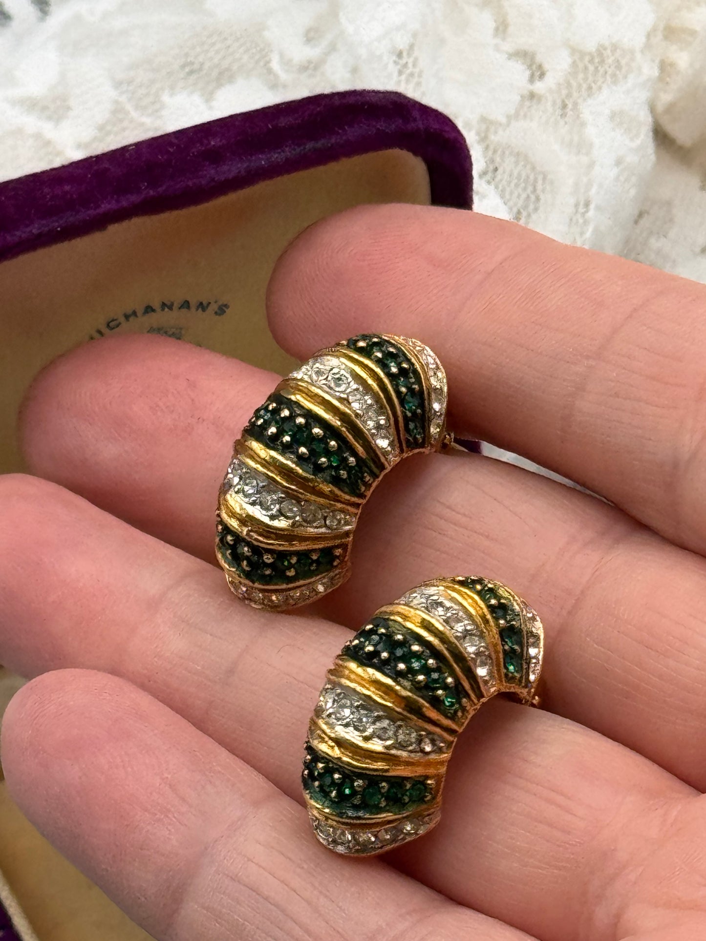 Vintage KJL Signed Kenneth J Lane Clip-On Earrings Emerald Green Clear Rhinestone Goldtone