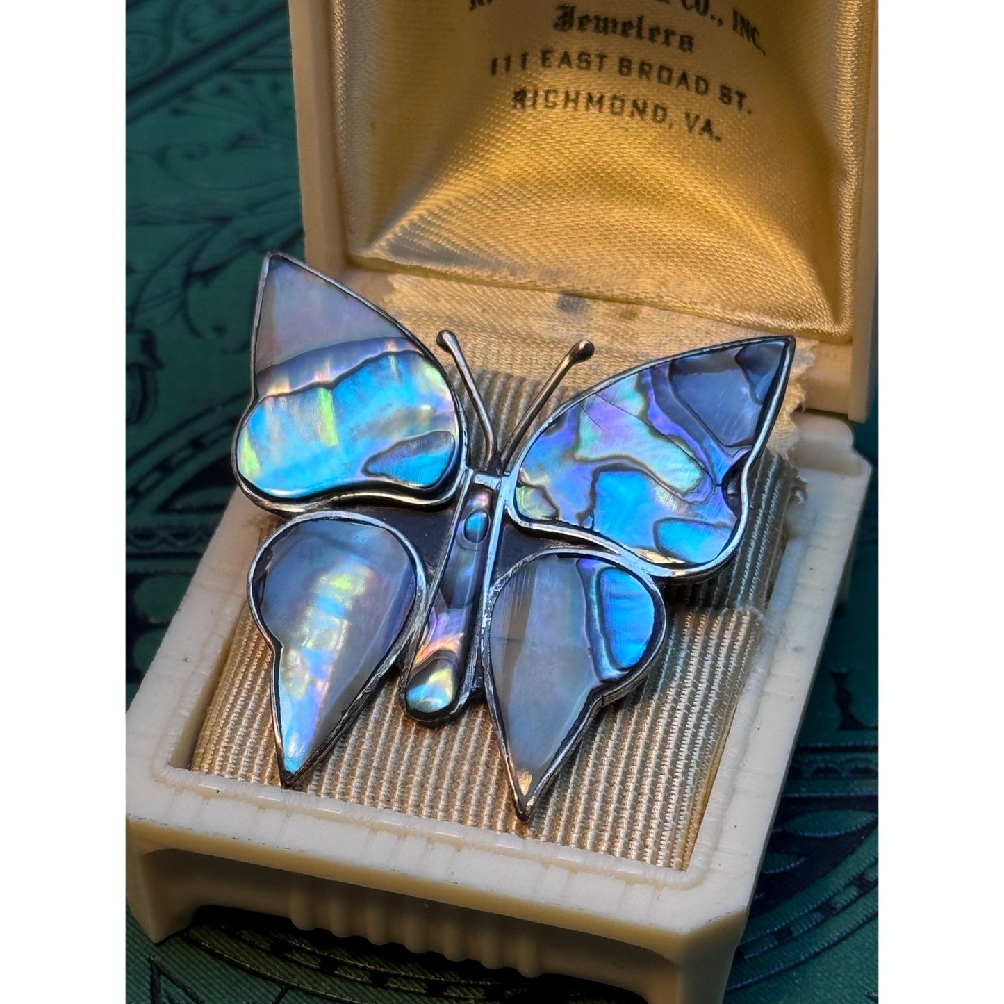 Sterling Butterfly Brooch Abalone Mexico 925 Iridescent Shell 1.5"