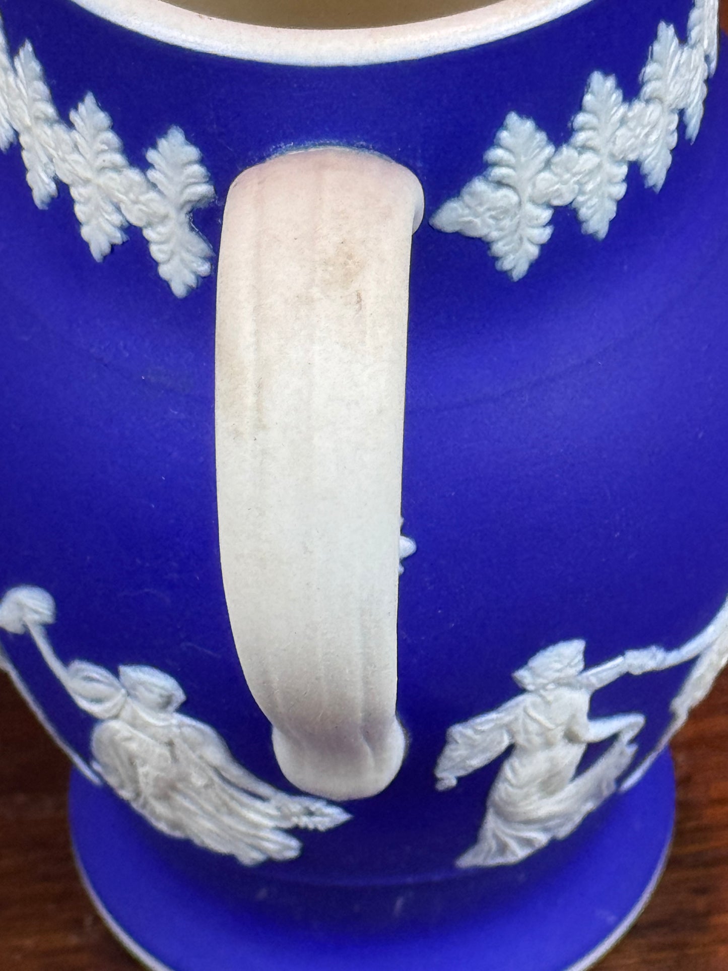 Vintage Dudson Hanley Jasper Ware Pitcher Jug Cobalt Blue Dancing Figures 5.5”