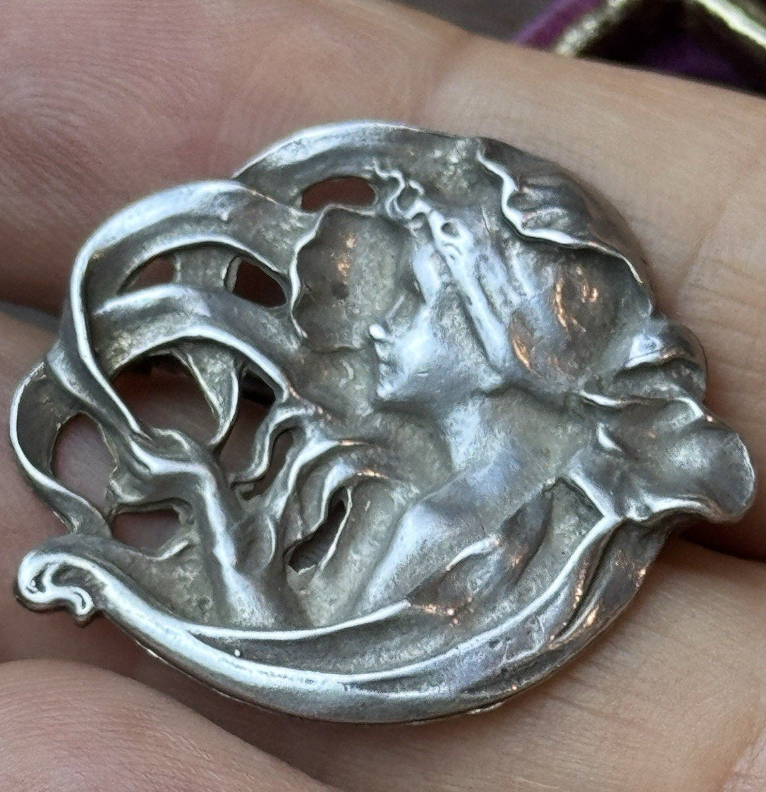 Vintage Sterling Silver Art Nouveau Lady Brooch Pin 925 Figural Maiden 1.25”