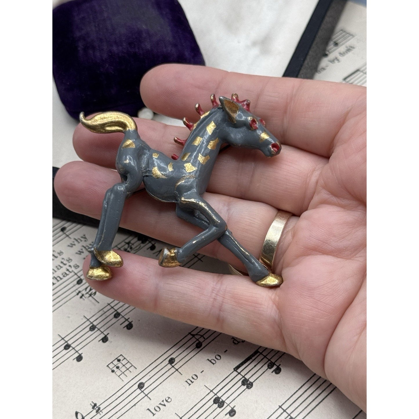 Vintage Horse Brooch Hand Painted Gray Red Gold Enameled Figural Equestrian