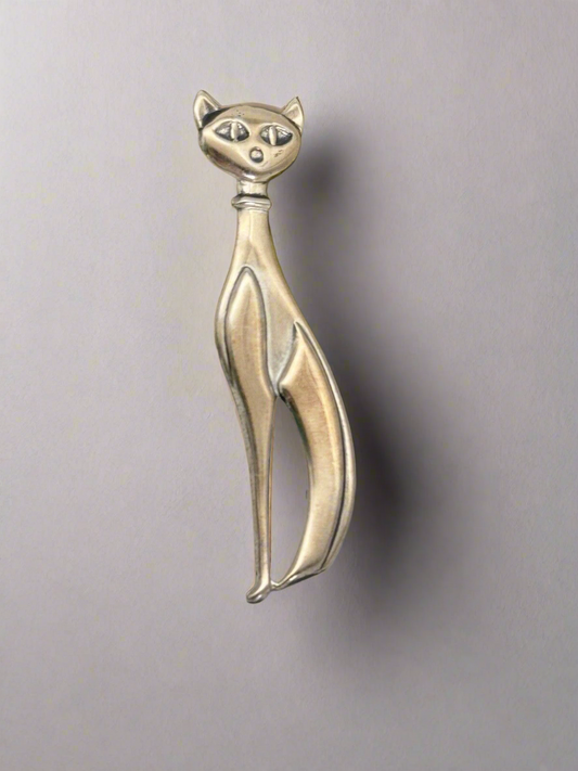 VINTAGE STERLING COOL MOD MID CENTURY STYLIZED CAT PIN BEAU 2.25"